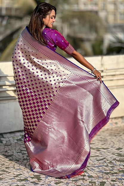 Banarasi Soft Silk Saree with Gold Zari Weaving & Checkered Design