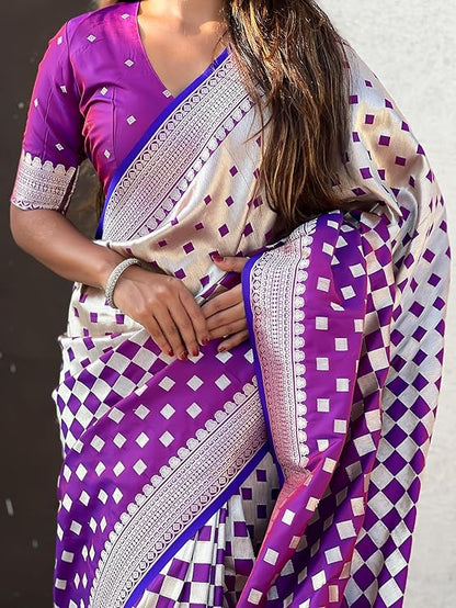 Banarasi Soft Silk Saree with Gold Zari Weaving & Checkered Design