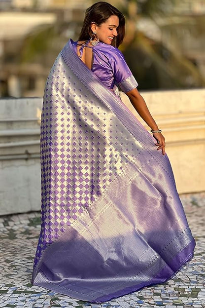 Banarasi Soft Silk Saree with Gold Zari Weaving & Checkered Design