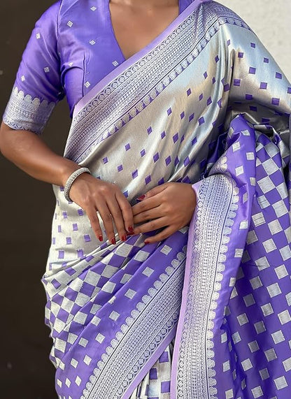 Banarasi Soft Silk Saree with Gold Zari Weaving & Checkered Design