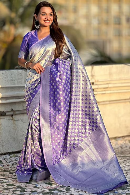 Banarasi Soft Silk Saree with Gold Zari Weaving & Checkered Design