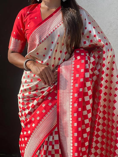 Banarasi Soft Silk Saree with Gold Zari Weaving & Checkered Design