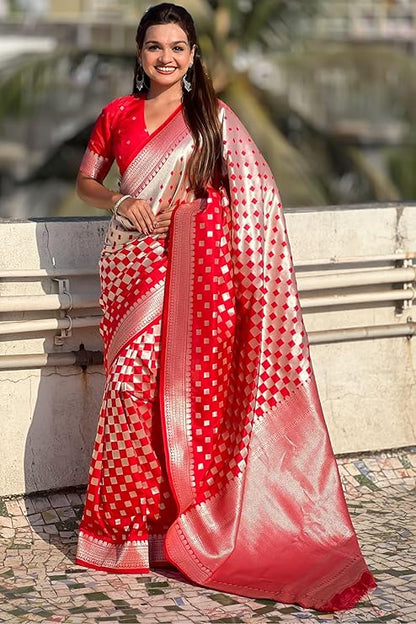 Banarasi Soft Silk Saree with Gold Zari Weaving & Checkered Design