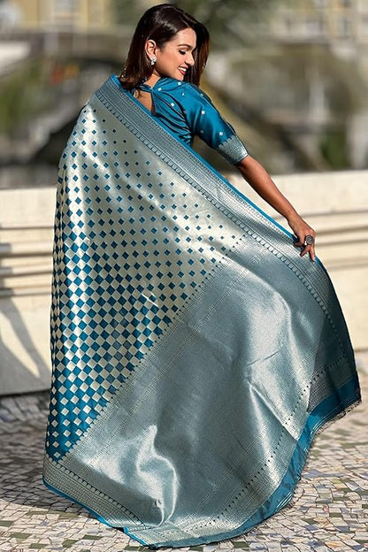 Banarasi Soft Silk Saree with Gold Zari Weaving & Checkered Design