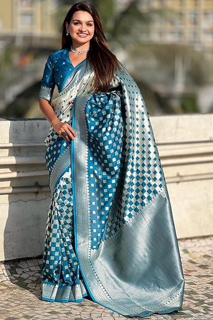 Banarasi Soft Silk Saree with Gold Zari Weaving & Checkered Design