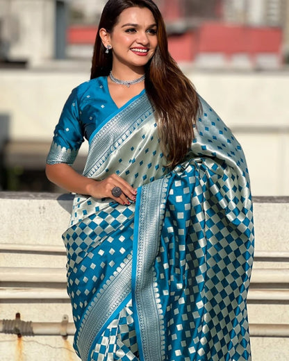 Banarasi Soft Silk Saree with Gold Zari Weaving & Checkered Design