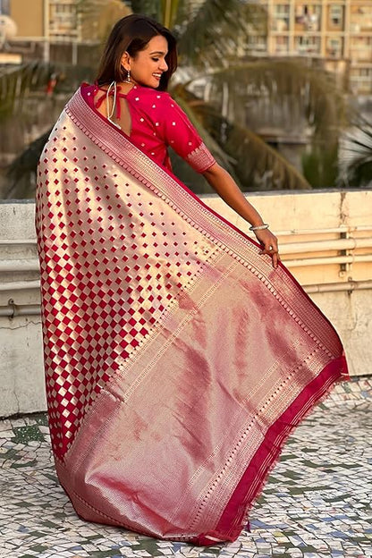 Banarasi Soft Silk Saree with Gold Zari Weaving & Checkered Design