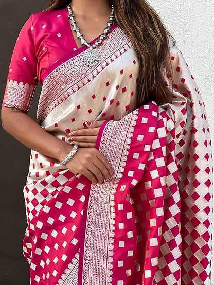 Banarasi Soft Silk Saree with Gold Zari Weaving & Checkered Design