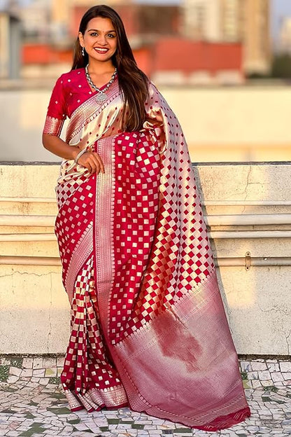 Banarasi Soft Silk Saree with Gold Zari Weaving & Checkered Design