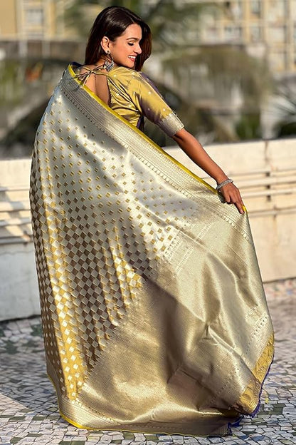 Banarasi Soft Silk Saree with Gold Zari Weaving & Checkered Design