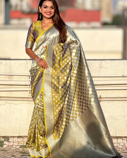 Banarasi Soft Silk Saree with Gold Zari Weaving & Checkered Design