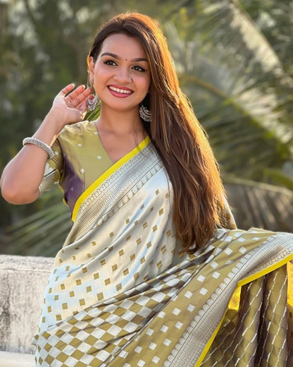 Banarasi Soft Silk Saree with Gold Zari Weaving & Checkered Design