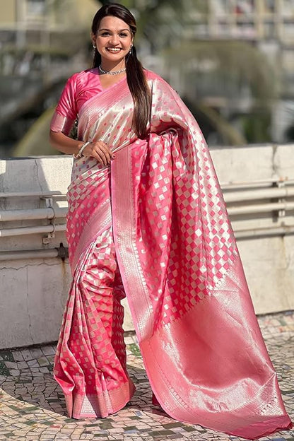 Banarasi Soft Silk Saree with Gold Zari Weaving & Checkered Design