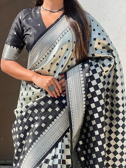 Banarasi Soft Silk Saree with Gold Zari Weaving & Checkered Design