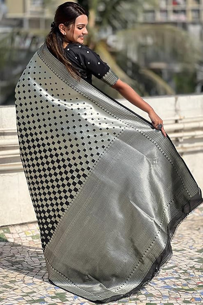Banarasi Soft Silk Saree with Gold Zari Weaving & Checkered Design