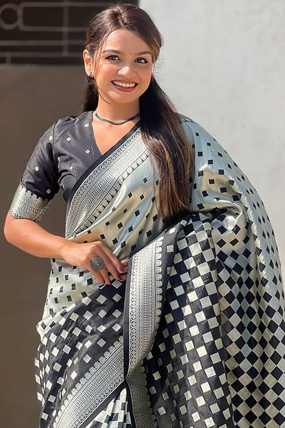 Banarasi Soft Silk Saree with Gold Zari Weaving & Checkered Design