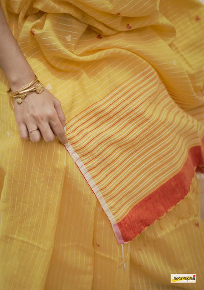 Yellow Soft Cotton Saree with Subtle Stripes & Contrast Border