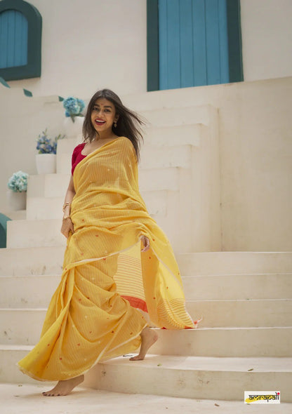 Yellow Soft Cotton Saree with Subtle Stripes & Contrast Border