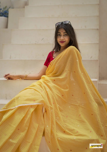 Yellow Soft Cotton Saree with Subtle Stripes & Contrast Border