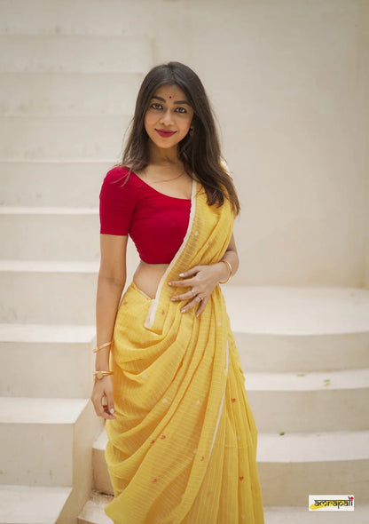 Yellow Soft Cotton Saree with Subtle Stripes & Contrast Border