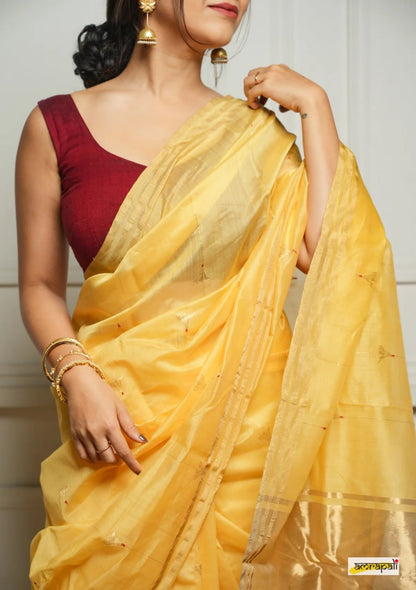 Yellow Soft Cotton Saree with Subtle Weaving & Golden Border