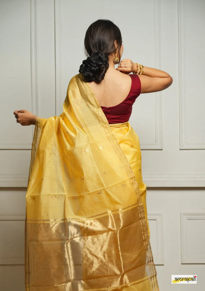 Yellow Soft Cotton Saree with Subtle Weaving & Golden Border