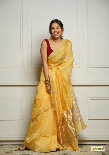 Yellow Soft Cotton Saree with Subtle Weaving & Golden Border