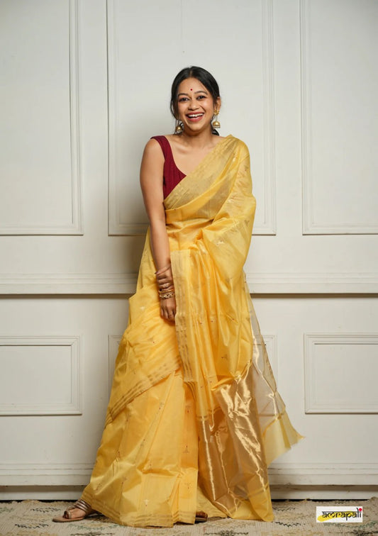 Yellow Soft Cotton Saree with Subtle Weaving & Golden Border