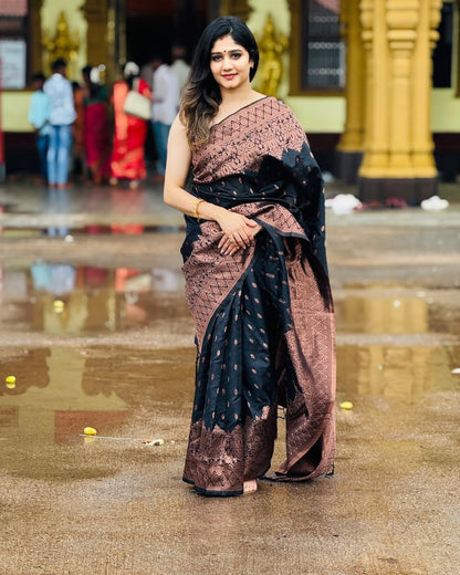 Black Banarasi Soft Silk Saree with Copper Zari Weaving