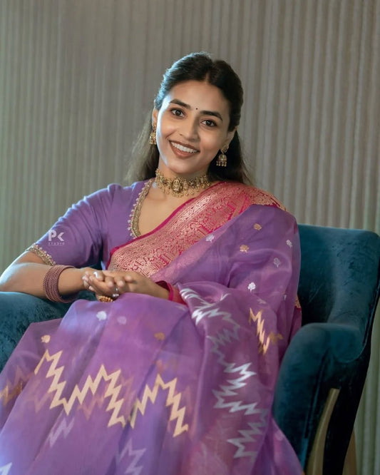 Lavender Banarasi Soft Silk Saree with Gold Zari Weaving