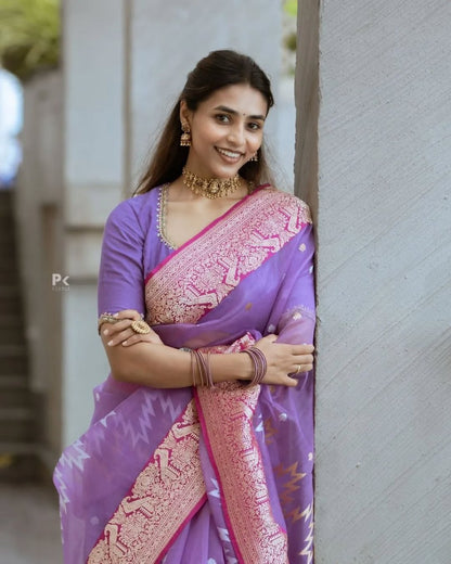 Lavender Banarasi Soft Silk Saree with Gold Zari Weaving