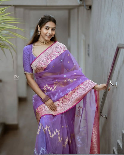 Lavender Banarasi Soft Silk Saree with Gold Zari Weaving