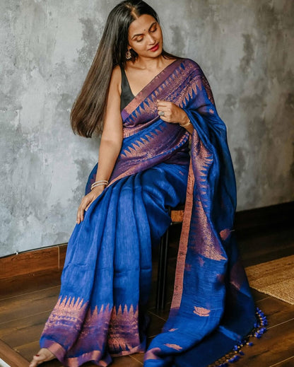 Royal Blue Banarasi Soft Silk Saree with Copper Zari Weaving