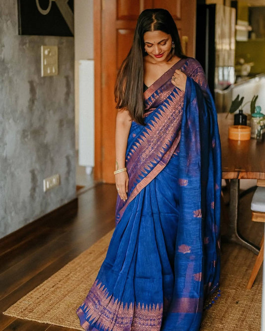 Royal Blue Banarasi Soft Silk Saree with Copper Zari Weaving