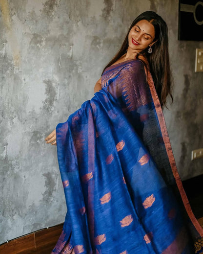 Royal Blue Banarasi Soft Silk Saree with Copper Zari Weaving