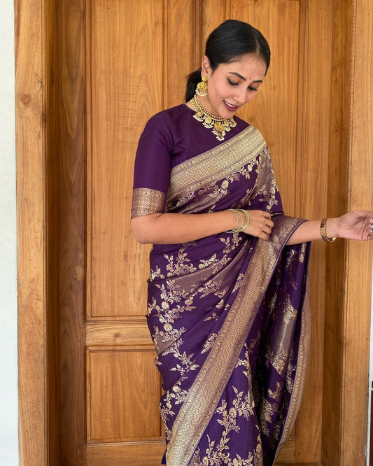 Purple Banarasi Soft Silk Saree with Golden Floral Zari Weaving
