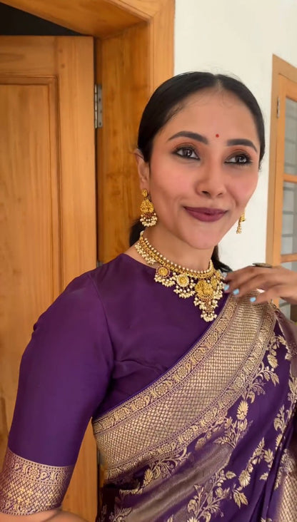 Purple Banarasi Soft Silk Saree with Golden Floral Zari Weaving