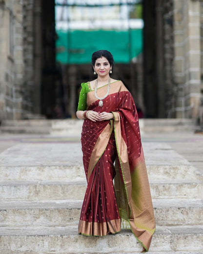 Maroon Banarasi Soft Silk Saree with Gold Zari Border
