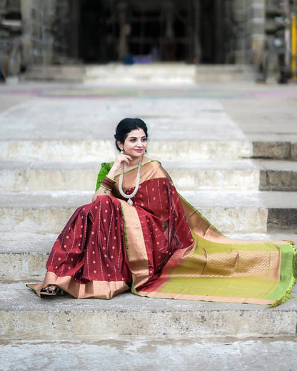 Maroon Banarasi Soft Silk Saree with Gold Zari Border