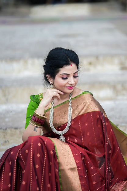 Maroon Banarasi Soft Silk Saree with Gold Zari Border