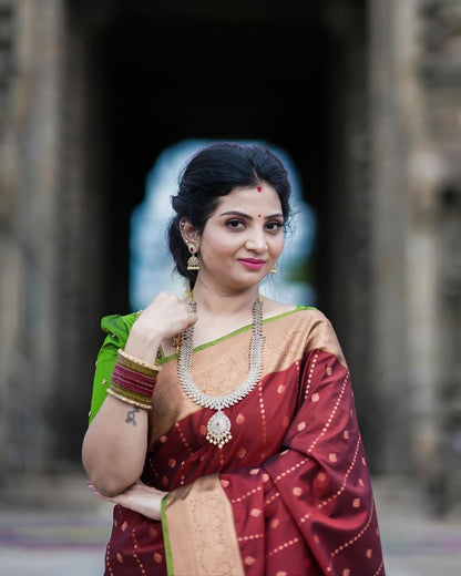 Maroon Banarasi Soft Silk Saree with Gold Zari Border