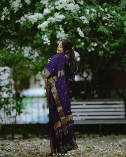 Purple Soft Cotton Saree with Golden Border