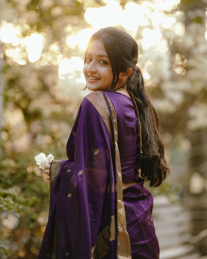 Purple Soft Cotton Saree with Golden Border