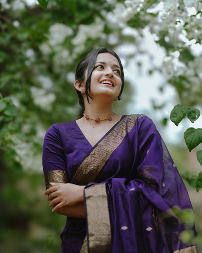 Purple Soft Cotton Saree with Golden Border