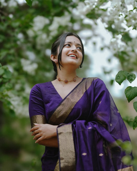 Purple Soft Cotton Saree with Golden Border