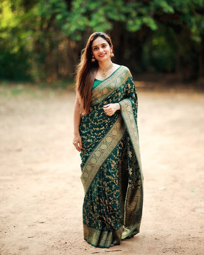 Bottle Green Banarasi Soft Silk Saree with Golden Zari Weaving