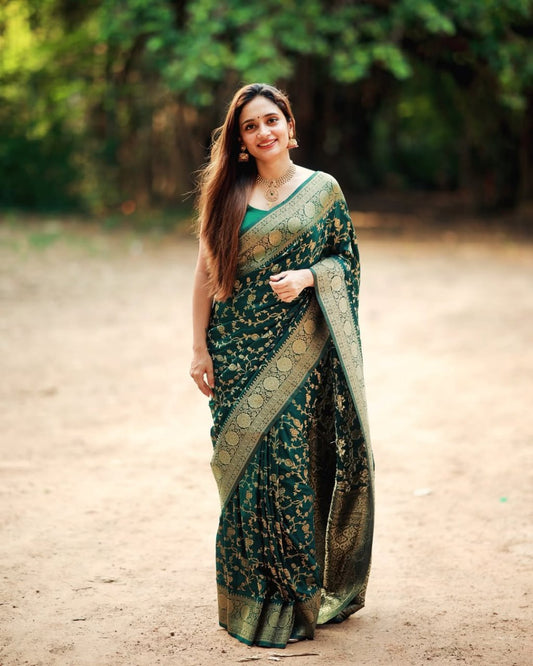 Bottle Green Banarasi Soft Silk Saree with Golden Zari Weaving