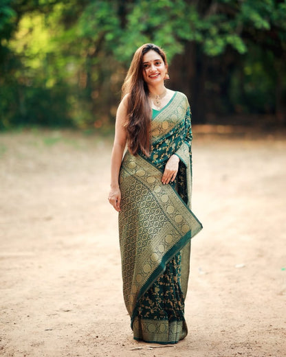 Bottle Green Banarasi Soft Silk Saree with Golden Zari Weaving