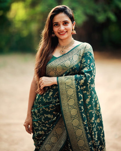 Bottle Green Banarasi Soft Silk Saree with Golden Zari Weaving
