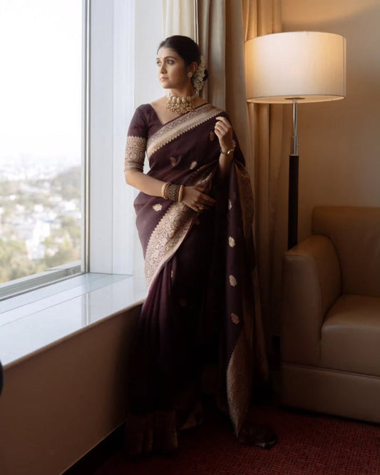 Brown Banarasi Soft Silk Saree with Gold Zari Weaving